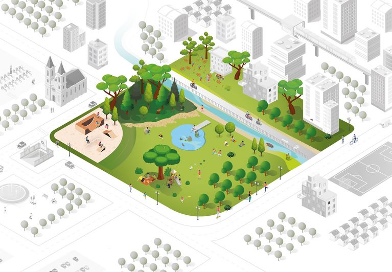 Illustration eines Parks mit Kühloasen in der Stadt.